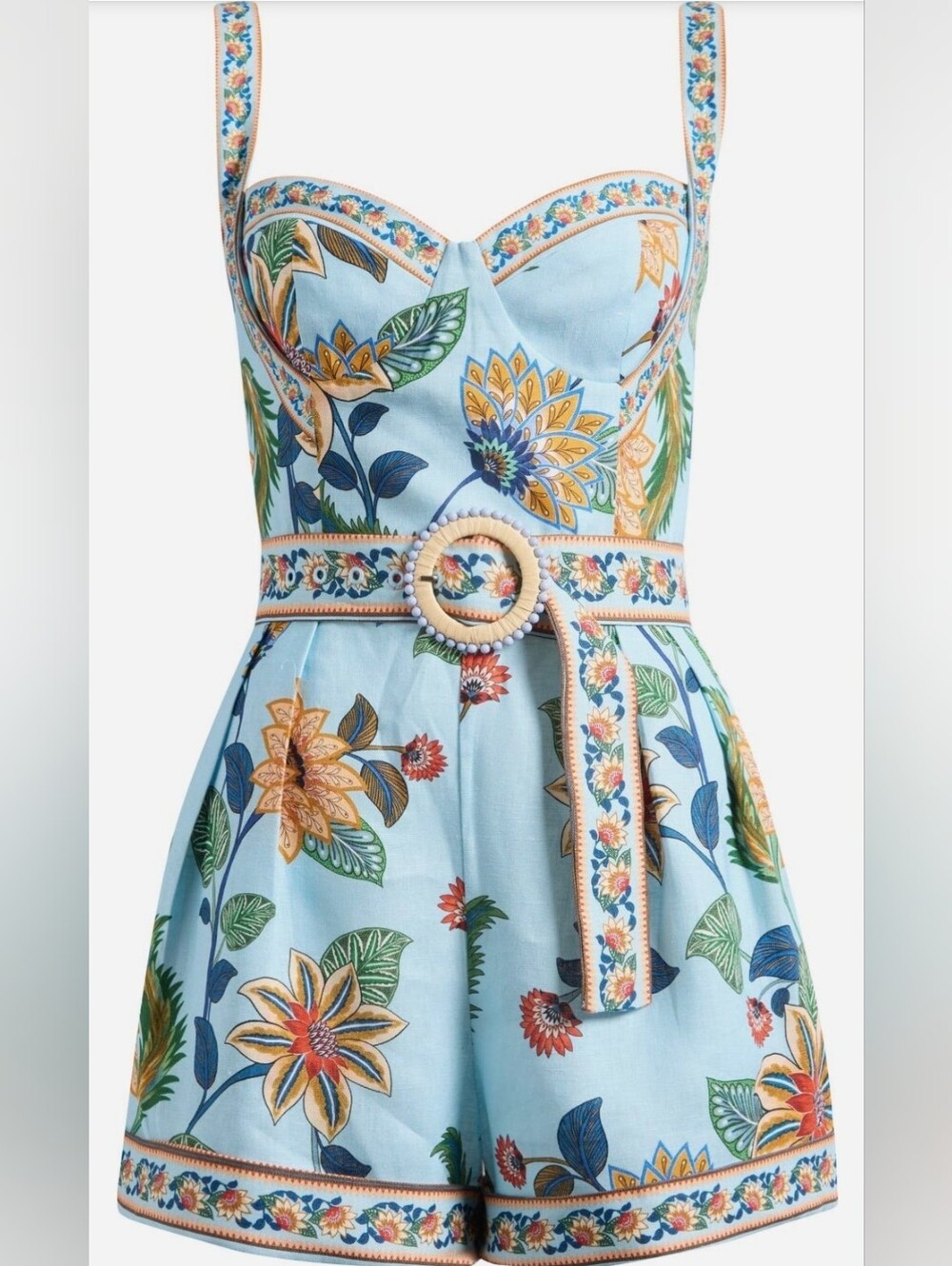 FARM Rio Light Blue Strapless Floral Romper with Belt